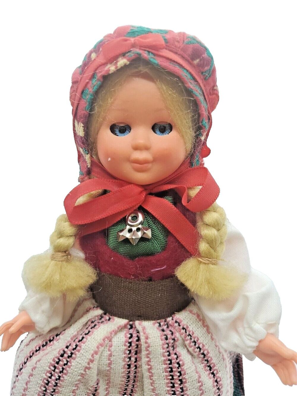 Vintage Dutch Girl Doll 7" Sleepy Blue Eyes Braided Blond Hair Embroider Hat